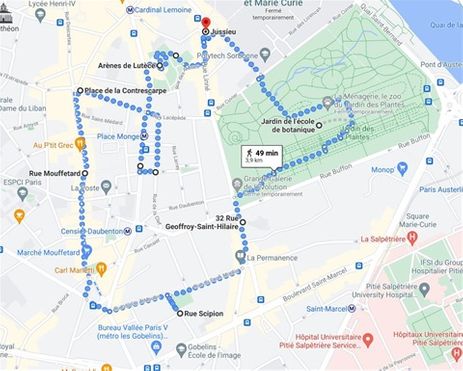 Map stroll quartier Latin between Mouffetard and Jardin des Plantes