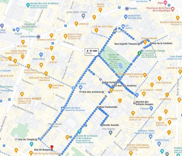 Stroll in Parais Marais district around Temple detailed map itinerary